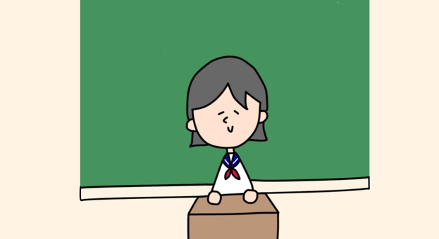 黒板の前に立つ学生 ゆるかわ,ほんわか,女子高生,可愛い,学校,教室,手書きイラスト,優しい,癒し,ちびキャラのイラスト素材