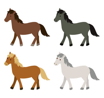 干支の午・馬セット_年賀素材2 馬,動物,生物,競馬,たてがみ,サラブレッド,全身,毛色,ポーズ,横向きのイラスト素材