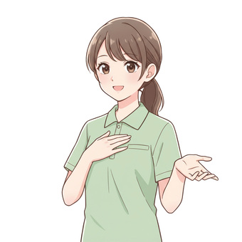 アニメ風の説明をする介護職員の女性