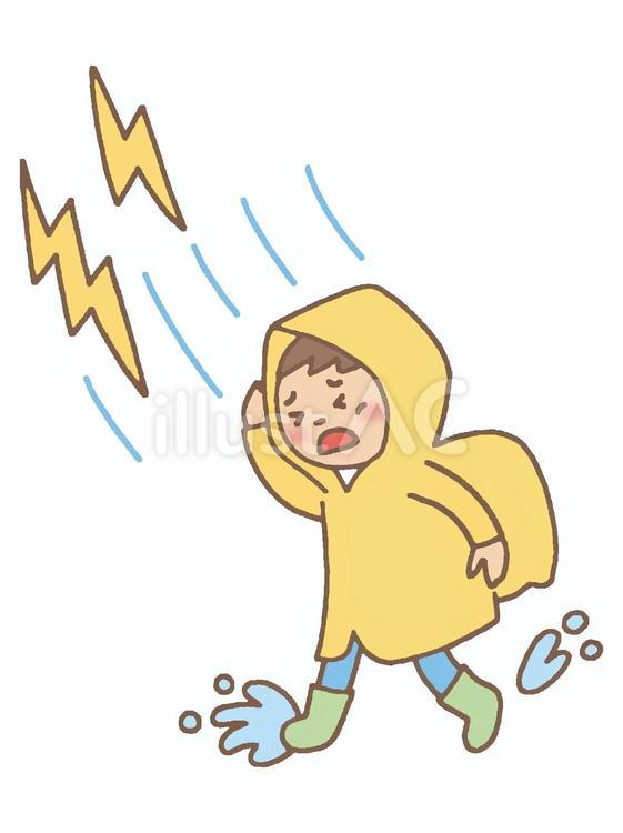 雷雨の中で登下校する小学生 雷,雨,小学生のイラスト素材