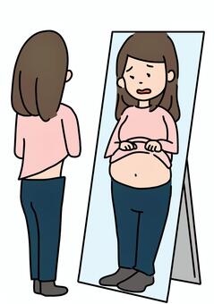 自分が太って見える女性　カラー 美醜,女性,鏡,メンタル,カラーのイラスト素材