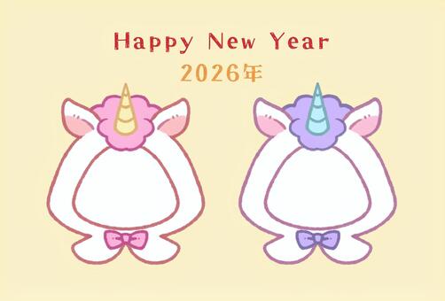 お馬さんのポンチョ年賀状④ ユニコーン,馬,午年,顔ハメ,年賀状,2匹,かわいい,新年,正月,元旦のイラスト素材