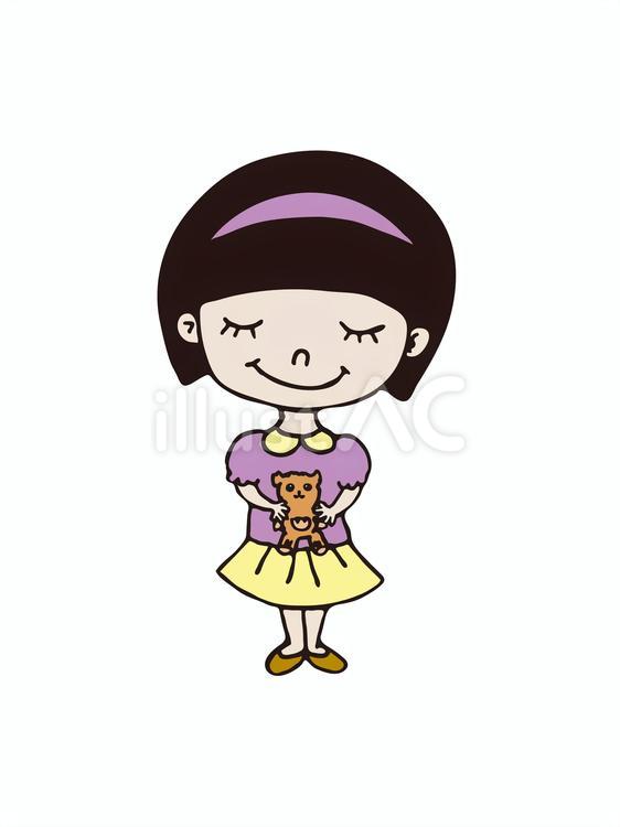 夏にテディベアを持って笑顔の少女 人物,かわいい,可愛いのイラスト素材