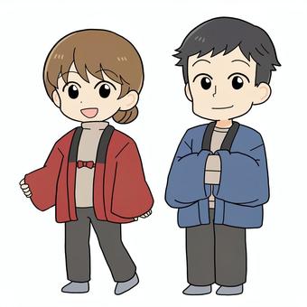 半纏を着た男女 はんてん,羽織り,冬,防寒,防寒着,部屋着,男性,女性,男女,全身のイラスト素材
