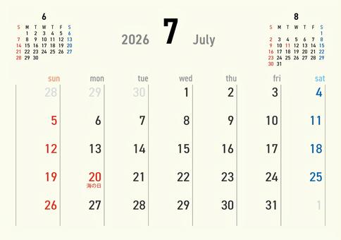 2026カレンダーA3 7月 256 カレンダー,2026年,7月,文月,july,海の日,令和8年,日曜始まり,スケジュール,曜日のイラスト素材