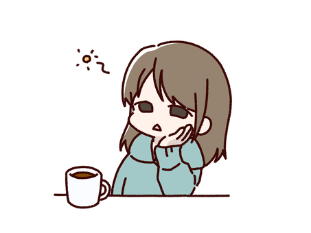 ぼんやりする人（茶髪長髪緑） 女性,ぼんやり,パーカー,ロングヘア,眠い,空虚,お茶,コーヒー,マグカップ,茶髪のイラスト素材