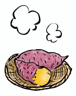 焼き芋　冬　ザル さつまいも,石焼き芋,芋,冬,正月,筆描き,手描き,墨絵,ほかほかのイラスト素材