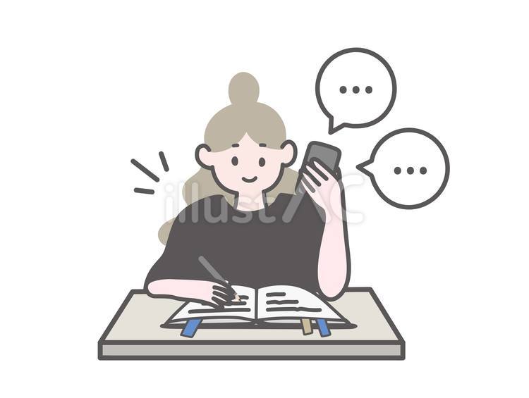 AIと一緒に勉強する女の子① スマホ,携帯,スマートフォンのイラスト素材