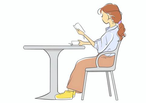 カフェで読書をする女性 読書,女性,大人,読書の秋,カフェ,小春日和,ロングヘアー,ゆったり,穏やか,静かな時間のイラスト素材