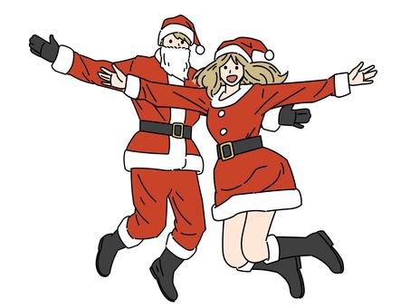 ジャンプするサンタ姿の男女 クリスマス,男性,女性,サンタ,コスチューム,ジャンプ,ポーズ,サンタクロース,イベント,全身のイラスト素材