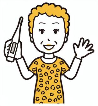  大阪のおばちゃん(黄)-186-バスト 体温計,おばちゃん,大阪,ヒョウ柄,おばはん,中年,女性,関西,派手,おばさんのイラスト素材