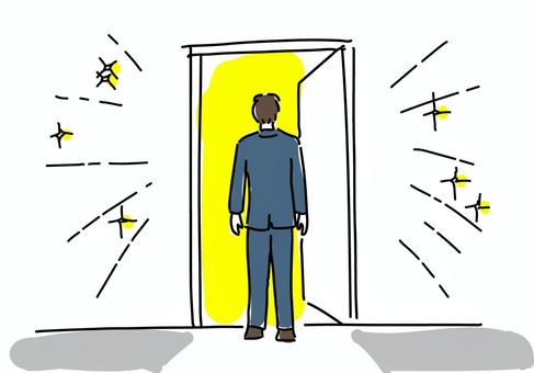 ドアの向こうの世界へ足を踏み出す会社員 ドアの向こうの世界へ足を踏み出す会社員 退職,定年,転職,退職代行,再出発,ステップアップ,キャリアアップ,ドア,光,出口のイラスト素材