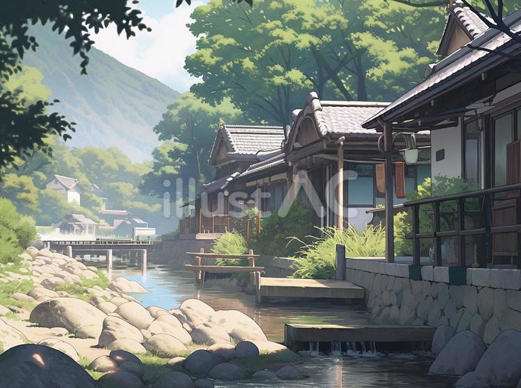 夏の帰省 川,山,家のイラスト素材