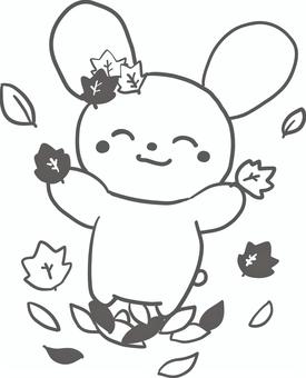 落ち葉で遊ぶうさぎの線画イラスト　ぬりえ 秋,うさぎ,落ち葉,葉っぱ,線画,ぬりえ,モノクロ,保育園,幼稚園,学校のイラスト素材