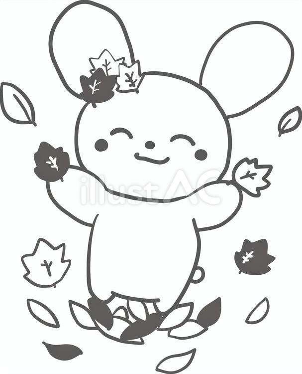 落ち葉で遊ぶうさぎの線画イラスト　ぬりえ 秋,うさぎ,落ち葉のイラスト素材