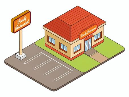街並みシリーズ ファミレス ファミリーレストラン,ファミレス,駐車場,看板,かわいい,デフォルメ,建物,アイソメトリック,アイソメ,街並みのイラスト素材