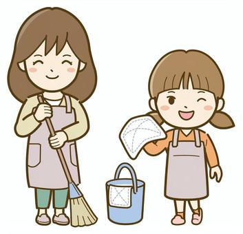 掃除をする親子_25 掃除,女性,大掃除,家族,親子,清掃,家事,片付け,エプロン,ぞうきんのイラスト素材