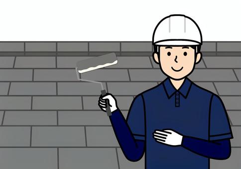 ストレート屋根と屋根塗装職人の男性 塗装工,塗装,ヘルメット,ポロシャツ,メンテナンス,屋根塗装,防水塗装,遮熱塗装,節電,省エネのイラスト素材