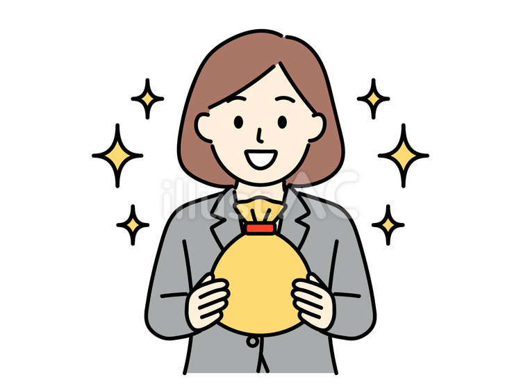 お金の袋を持ち笑顔を見せるスーツの女性 女性,社会人,スーツのイラスト素材