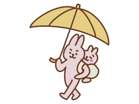 傘をさして歩く親子　ウサギ 傘,カサ,おんぶ,こども,親子,親,おんぶ紐,雨の日,雨,黄色のイラスト素材