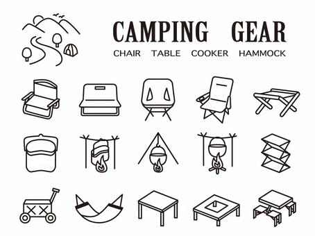 キャンプアイコンの椅子、机、飯盒鍋、焚火 キャンプ,アイコン,アウトドア,椅子,鍋,飯盒,机,三段棚,ハンモック,キャリーワゴンのイラスト素材