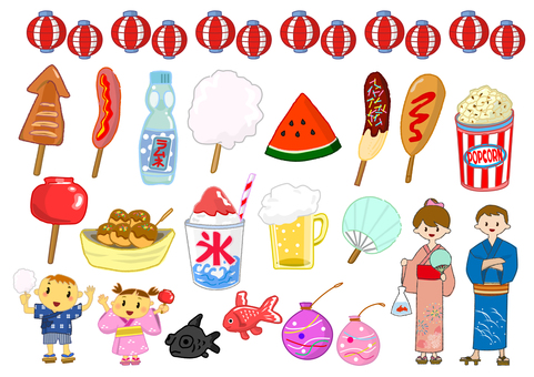 夏祭りセット 夏,屋台,出店,可愛い,夜店,人物,浴衣,金魚,スイカ,ラムネのイラスト素材