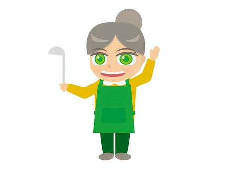 おたまを持ったエプロン姿の女性 調理師,栄養士,寮母,訪問介護員,エプロン,お母さん,主婦,専業主婦,介護職員,ケアワーカーのイラスト素材