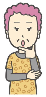  顎に手をあてて事情を聞いているおばちゃん 考える,おばちゃん,大阪,ヒョウ柄,おばはん,中年,女性,関西,派手,おばさんのイラスト素材