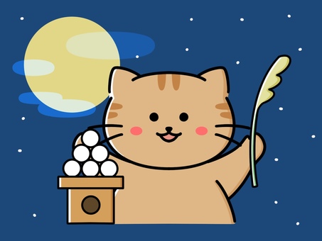 お月見するかわいい猫 お月見,雲,和風,空,星,秋,猫,十五夜,月,中秋の名月のイラスト素材
