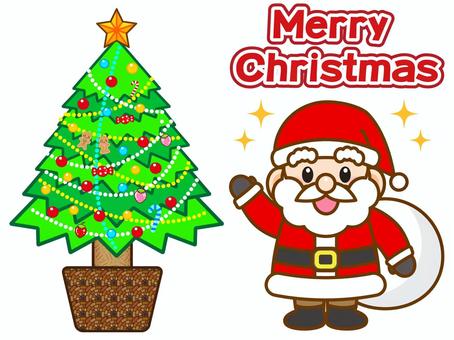 サンタとクリスマスツリーのイラスト素材 サンタとクリスマスツリーのイラスト素材 サンタクロース,クリスマスツリー,人物,クリスマス,挨拶,ヒゲ,老人,男性,プレゼント,モミの木のイラスト素材