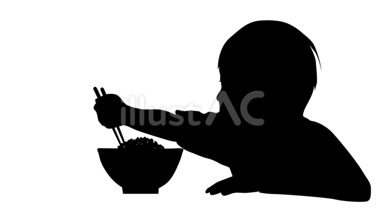 身体をのりだしご飯を食べる男児シルエット 子供,ご飯,男の子のイラスト素材
