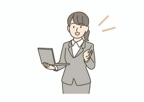 ノートパソコンを持ってプレゼンする女性 人物,社会人,ビジネスウーマン,会社員,ol,スーツ,パソコン,ノートpc,プレゼン,発表のイラスト素材