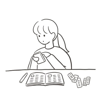 家計管理をする女性 家計,管理,家計簿,スマホ,スマートフォン,携帯,ノート,ペン,レシート,貯金のイラスト素材