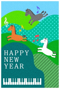 馬とピアノ 年賀状,happy,new,year,ピアノ,山,馬,走る,音楽,音符のイラスト素材