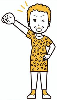  大阪のおばちゃん(黄)-149-全身 応援,おばちゃん,大阪,ヒョウ柄,おばはん,中年,女性,関西,派手,おばさんのイラスト素材