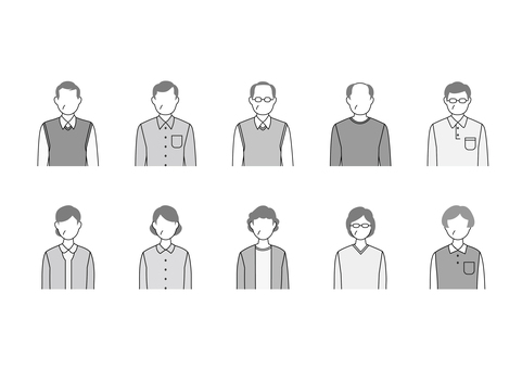 普通のおじさんおばさんセットモノクロ おじさん,男性,人,人物,おばさん,女性,70代,60代,シニア,上半身のイラスト素材