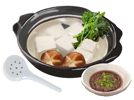 湯豆腐２黒（春菊・スプーン・タレ付き） 湯豆腐,豆腐,春菊,スプーン,たれ,昆布,出汁,豆腐料理,木綿豆腐,絹ごし豆腐のイラスト素材
