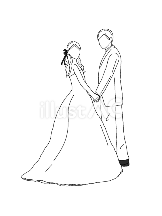 振り向く新郎新婦の線画 振り向く,新郎,新婦のイラスト素材