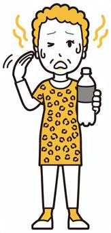  大阪のおばちゃん(黄)-046-全身 暑い,おばちゃん,大阪,ヒョウ柄,おばはん,中年,女性,関西,派手,おばさんのイラスト素材