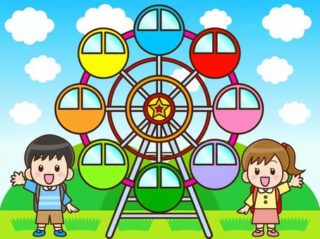 遊園地の観覧車で遊ぶ子供のイラスト素材 観覧車,遊園地,乗り物,テーマパーク,レジャー,こども,小学生,人物,男の子,女の子のイラスト素材