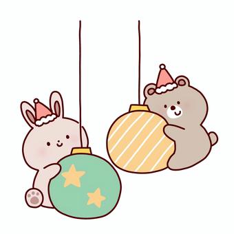クリスマスオーナメントとうさくま クリスマス,オーナメント,飾り,うさぎ,くま,動物,サンタ,帽子,線画,可愛いのイラスト素材