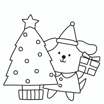 クリスマスツリーと犬 クリスマス,ツリー,犬,プレゼント,サンタ,帽子,動物,冬,モノトーン,塗り絵のイラスト素材