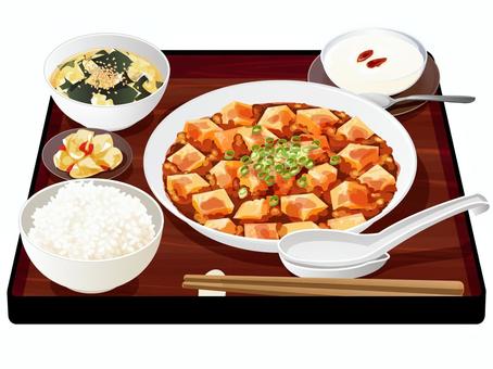 麻婆豆腐定食 麻婆豆腐,定食,中華料理,料理,食べ物,ご飯,米,ワカメスープ,ザーサイ,漬物のイラスト素材