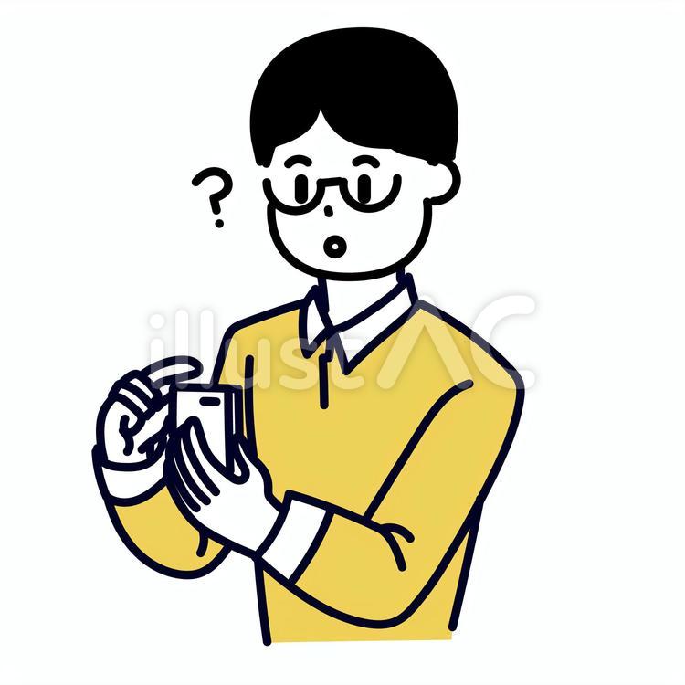 スマホを操作している時疑問を感じた男性 疑問,謎,はてなマークのイラスト素材
