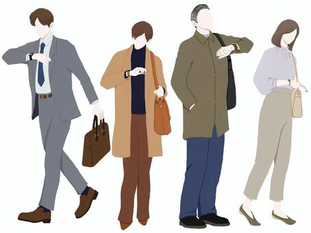 腕時計を見る人々　シルエット　セット シルエット,女性,男性,全身,腕時計,サラリーマン,スーツ,ファッション,通勤,会社のイラスト素材