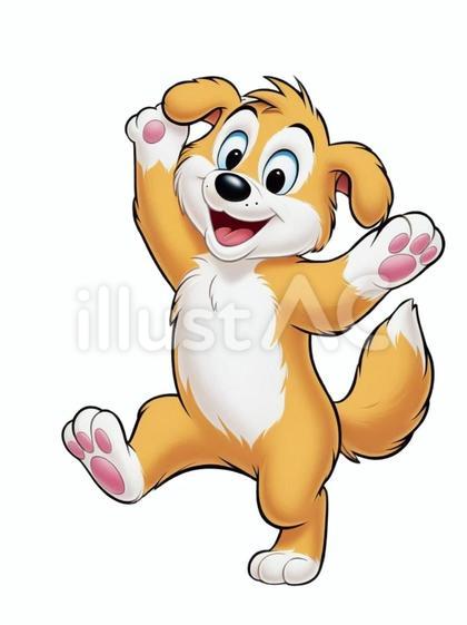 白バックに楽しそうに踊るアニメ風の犬