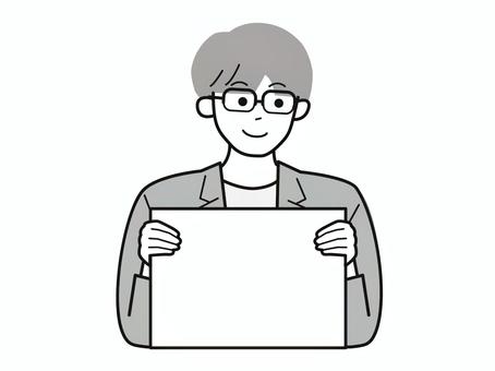 フリップを持ち微笑む働く男性A/白黒 フリップを持ち微笑む働く男性A/白黒 フリップ,両手,微笑む,男性,お父さん,会社員,アドバイザー,20代,30代,40代のイラスト素材