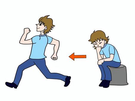 じっくり考えてから動く 考える,動く,行動,矢印,男性,考えてから動く,動く前に考える,男,男子,行動開始のイラスト素材