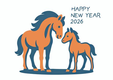 親子の馬の年賀状素材ダブルトーンイラスト 馬,ウマ,かわいい,可愛い,動物,干支,家族,ダブルトーン,親子,2026のイラスト素材