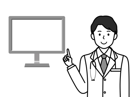 Doctor man with monitor and pointing pose, , JPG and PNG